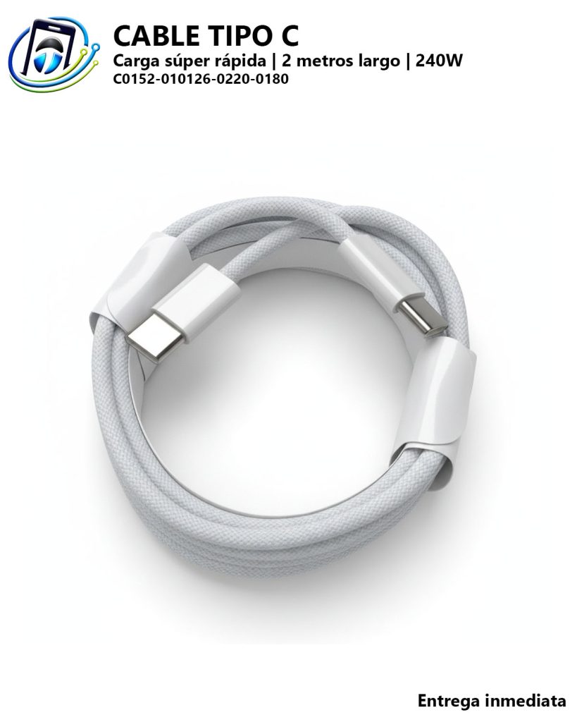 Cable Carga Súper Rápida | Tipo C a Tipo C | 240W | 2 Metros de largo