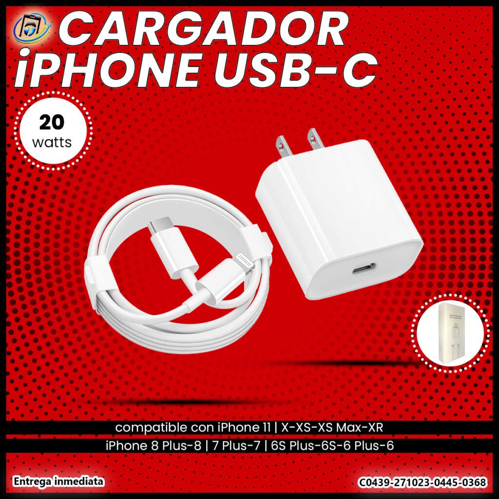 Cargador Carga Rápida USB-C to Lightning o Tipo C a iPhone de 20W