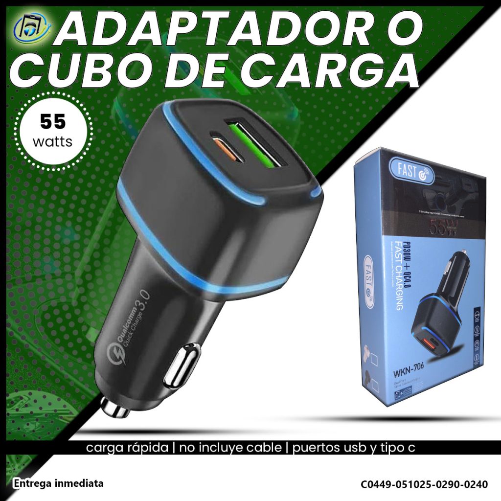 Cubo Carga Rápida 55 watts | Puertos USB y Tipo C | Carro