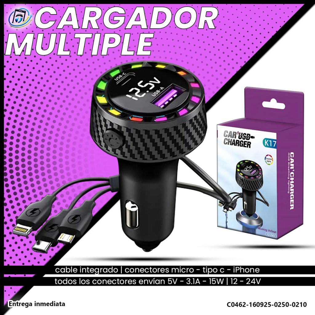 Cargador para Carro con Múltiples Cables Integrados