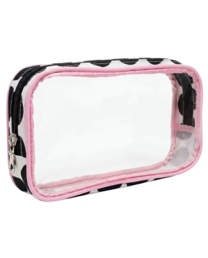 Cosmetiquera transparente con lunares y borde rosa